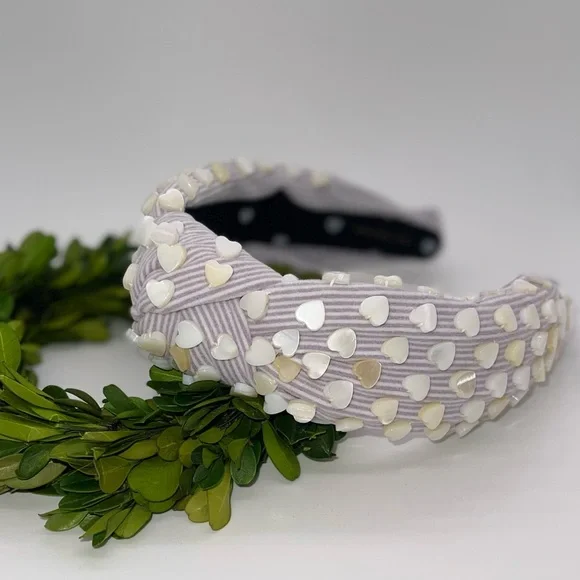 Lele Sadoughi Lavender Seersucker Mother of Pearl Heart Headband Lele Sadoughi Lavender Seersucker Mother of Pearl Heart  main image 4